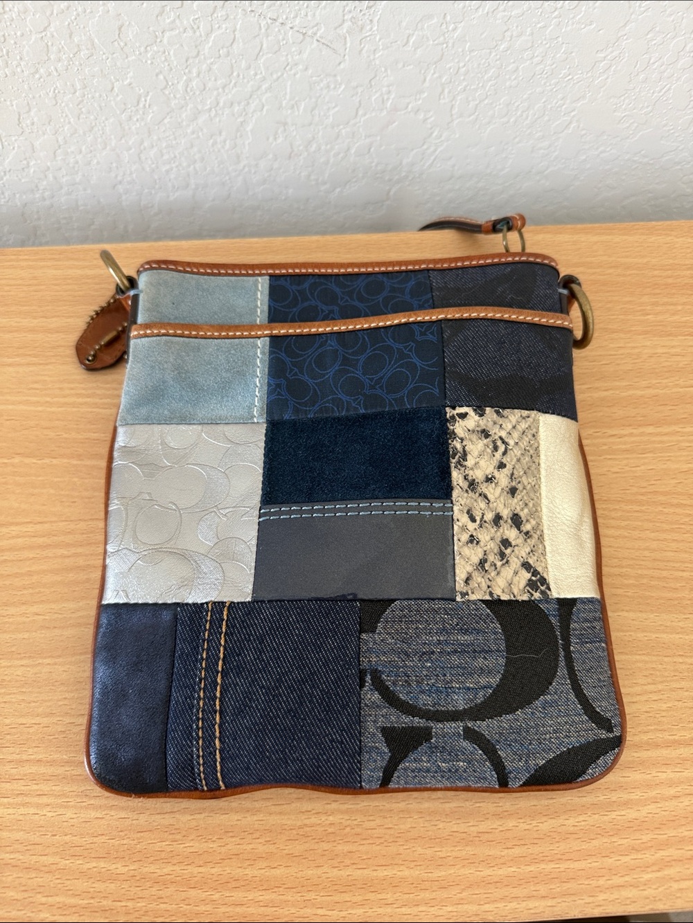 Coach Denim Patchwork Crossbody Bag in Navy, Tan, Cream